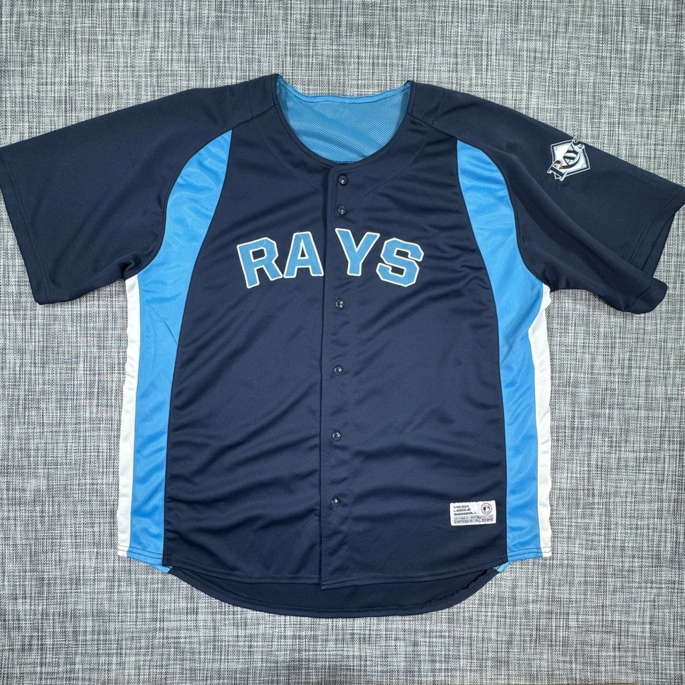 Dynasty Mens Approx XL Tampa Bay Rays Baseball Jersey Navy Blue Button Front